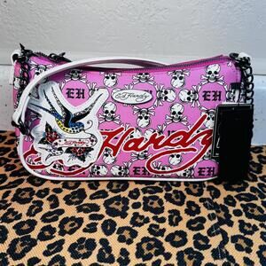 Ed Hardy Pink Skull Print Shoulder Bag with Bird and Rose Detail